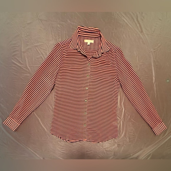Banana Republic 100% Silk Coral Pink/Navy Blue Striped Button Down Shirt Size XS - Picture 3 of 10